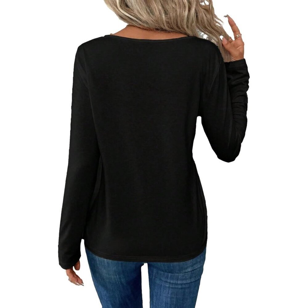 Women's Black 3 Cowgirl Western Graphic Tee Notched Neck Long Sleeve Shirt Top - Picture 2 of 2